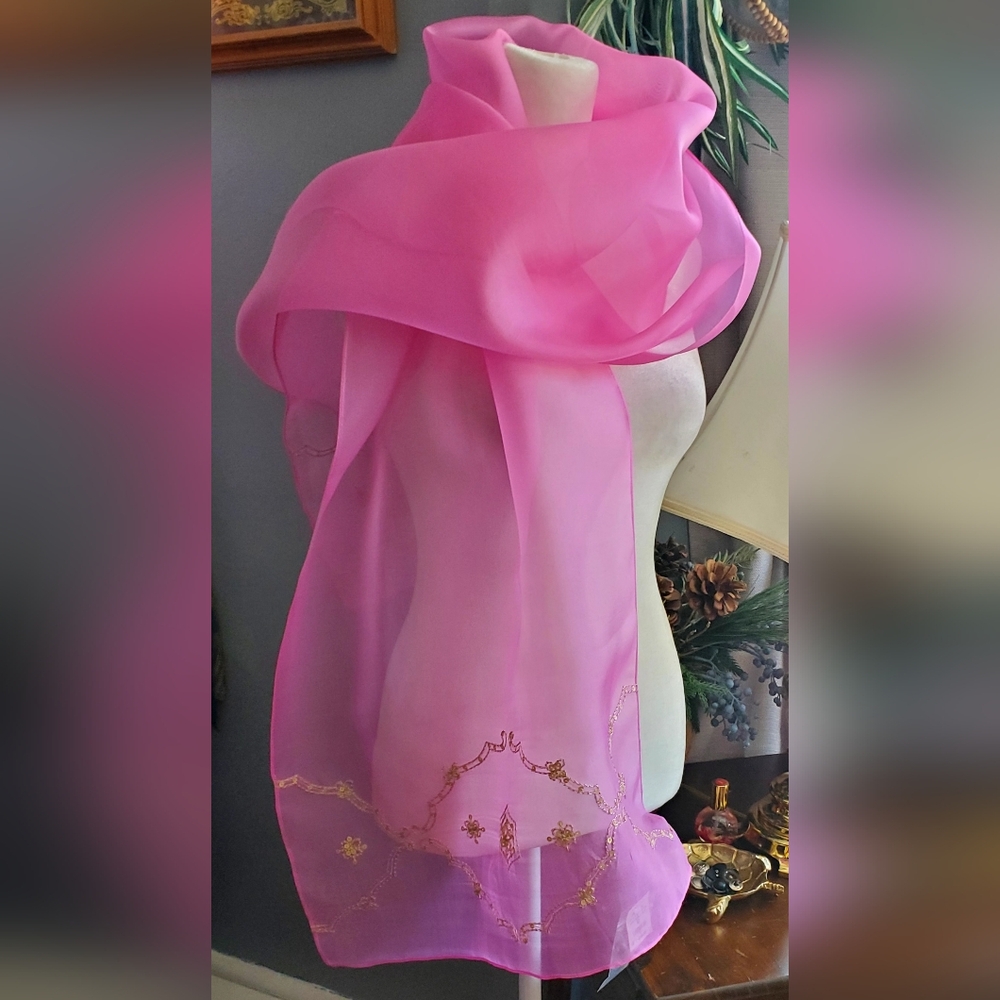 Ann Taylor 100% Silk Sheer Hot Pink Scarf with Gold Embroidery